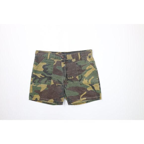 Vintage 70s Streetwear Mens 32 Faded Above Knee Camouflage Short Shorts USA